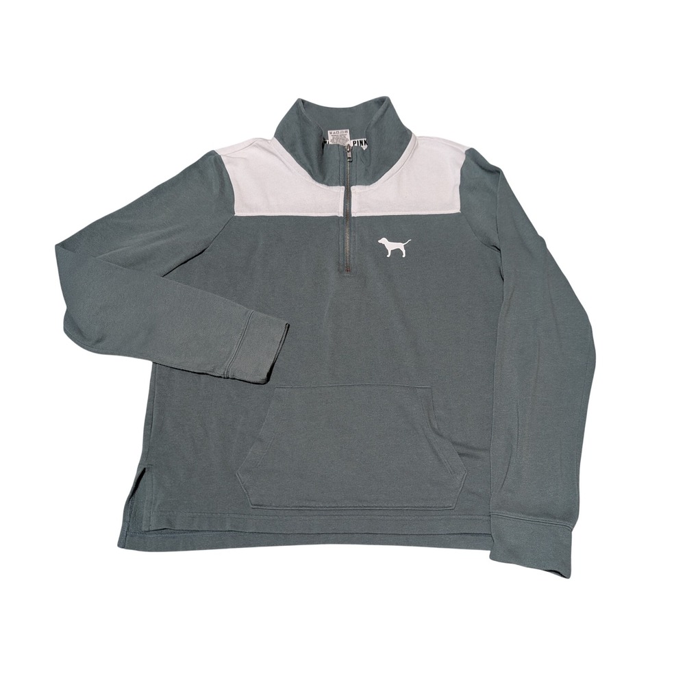 PINK Victoria's Secret Pullover Womens M Green Quarter Zip Colorblock Back Logo